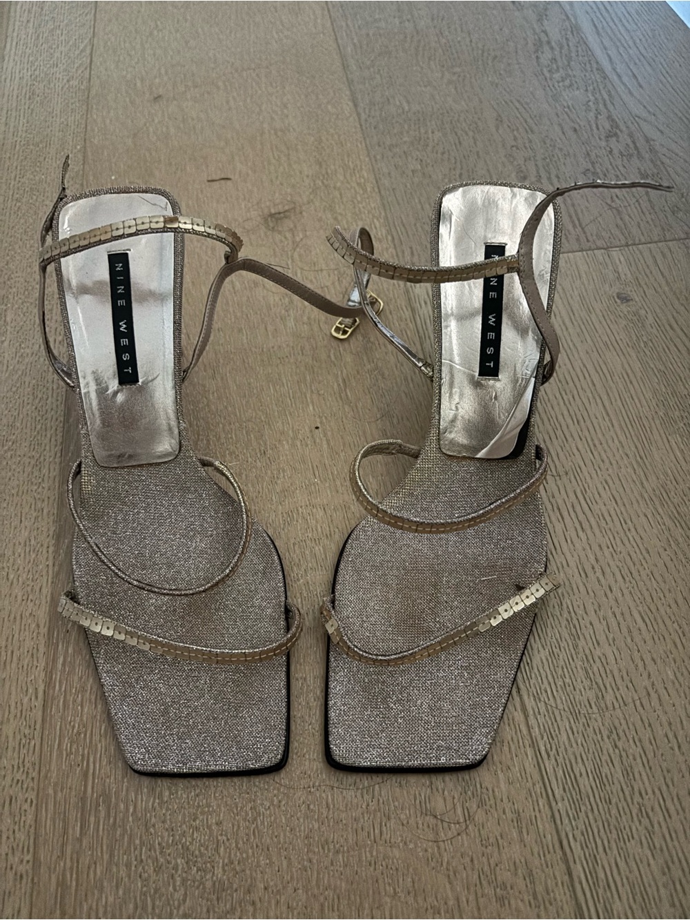 Nine West Shimmery Gold Strappy Square-Toe Heels